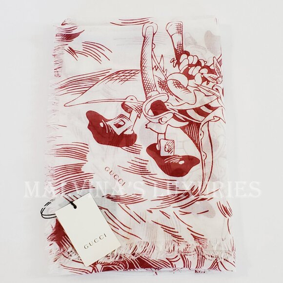 GUCCI SCARF 463508 DISNEY SEA STORM PRINT RED WHITE MODAL SILK SQUARE 55" - Picture 3 of 16